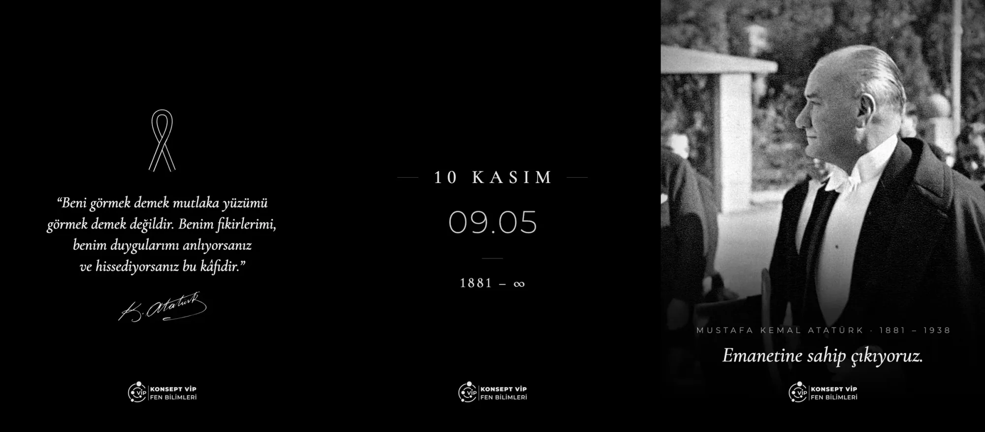Konsept VİP · 10 Kasım Atatürk'ü Anma · Profilde iki post ve ortadaki Reels yan yana · Sosyal Medya Tasarımı